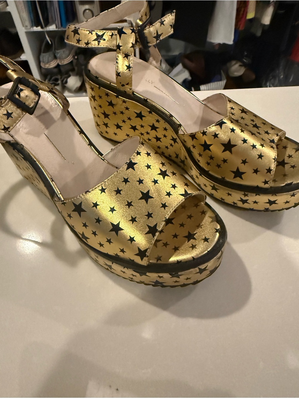 Intentionally Blank,Gold Star Platform Wedge Sandals, Anthropologie, 7